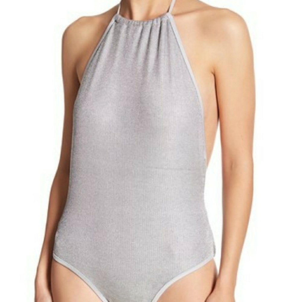Sam Edelman, metallic knit high neck swimsuit
